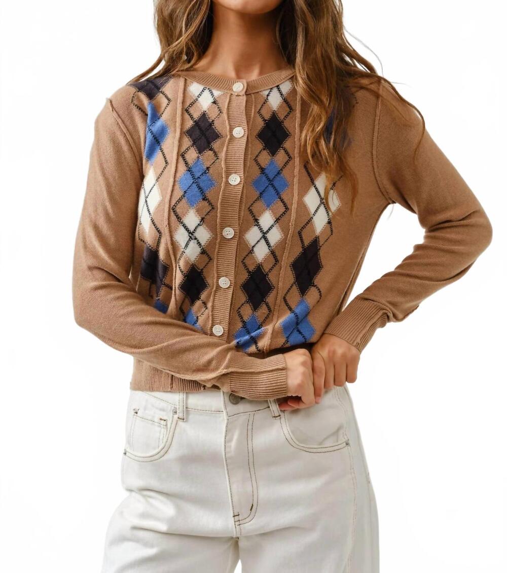 NEW AARON & AMBER allie relaxed fit argyle sweater cardigan in taupe
